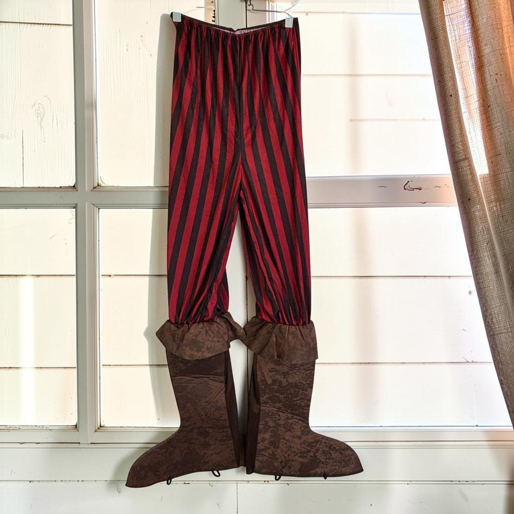 Pirate Costume Pants M Red Black Striped Faux Suede Boot Covers LARP Cosplay